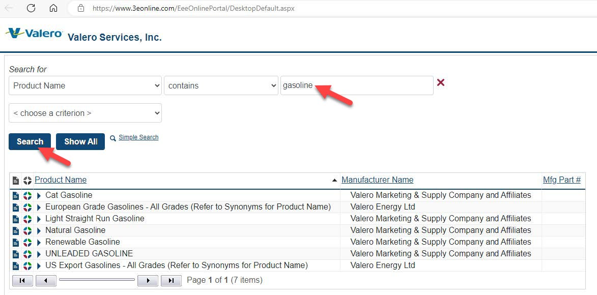 Valero SDS website product search